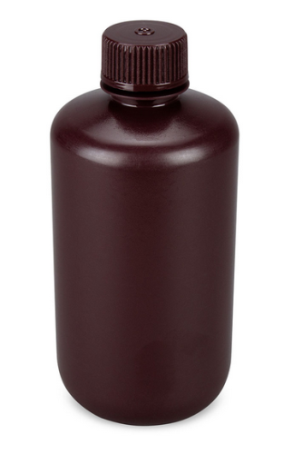 Bottle, Narrow Mouth, Boston Round, Amber High-Density Polyethylene (HDPE) with Amber Polypropylene (PP) Closure, 250 mL, Bulk Packed with Bottles and Caps Bagged Separately, 250/CS, Globe Scientific, 7560250AMBKS