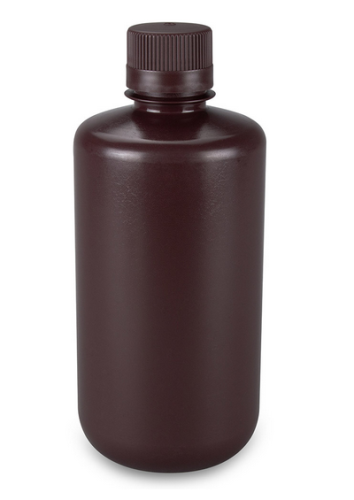 Bottle, Narrow Mouth, Boston Round, Amber High-Density Polyethylene (HDPE) with Amber Polypropylene (PP) Closure, 1000 mL, Bulk Packed with Bottles and Caps Bagged Separately, 50/CS, Globe Scientific, 7561000AMBKS