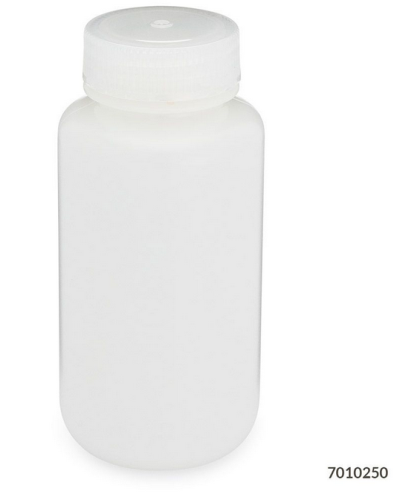 Bottle, Wide Mouth, High-Density Polyethylene (HDPE) Bottle, Attached Polypropylene (PP) Screw Cap, 250 mL, 72/CS (6 Bags of 12), Globe Scientific, 7010250