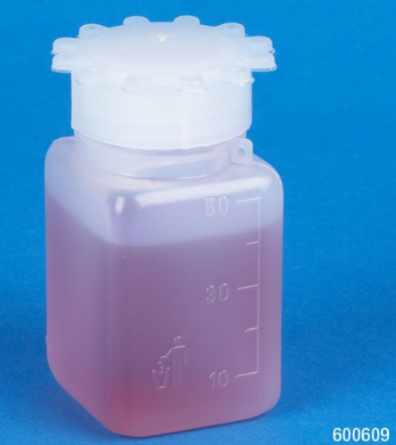 Bottle with Screwcap, Wide Mouth, Square, Graduated, Polyethylene, Cap: Polypropylene (PP), 50 mL, 100/CS, Globe Scientific, 600609