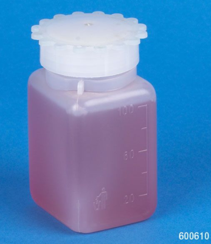 Bottle with Screwcap, Wide Mouth, Square, Graduated, Polyethylene, Cap: Polypropylene (PP), 100 mL, 100/CS, Globe Scientific, 600610