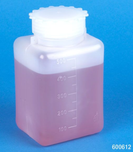 Bottle with Screwcap, Wide Mouth, Square, Graduated, Polyethylene, Cap: Polypropylene (PP), 500 mL, 25/CS, Globe Scientific, 600612