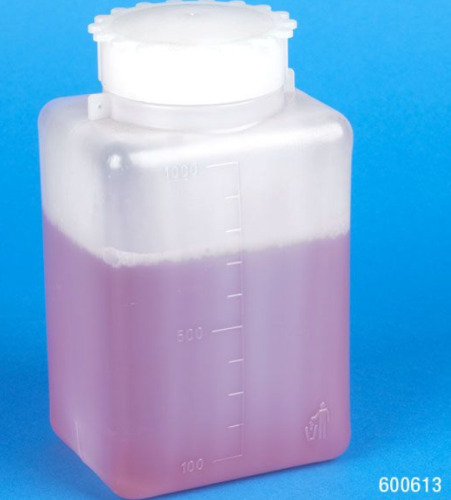Bottle with Screwcap, Wide Mouth, Square, Graduated, Polyethylene, Cap: Polypropylene (PP), 1000 mL, 20/CS, Globe Scientific, 600613