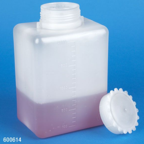 Bottle with Screwcap, Wide Mouth, Square, Graduated, Polyethylene, Cap: Polypropylene (PP), 2000 mL, 20/CS, Globe Scientific, 600614