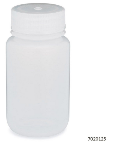 Bottle, Wide Mouth, Low-Density Polyethylene (LDPE) Bottle, Attached Polypropylene (PP) Screw Cap, 125 mL, 72/CS (6 Bags of 12), Globe Scientific, 7020125