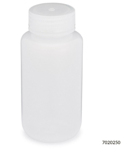 Bottle, Wide Mouth, Low-Density Polyethylene (LDPE) Bottle, Attached Polypropylene (PP) Screw Cap, 250 mL, 72/CS (6 Bags of 12), Globe Scientific, 7020250
