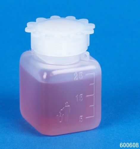 Bottle with Screwcap, Wide Mouth, Square, Graduated, PE (Cap: Polypropylene (PP), 25 mL, 10/PK, Globe Scientific, 600608-10