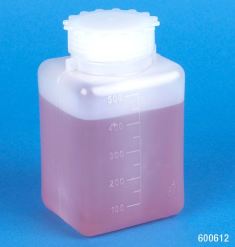 Bottle with Screwcap, Wide Mouth, Square, Graduated, PE, Cap: Polypropylene (PP), 500 mL, 150/CS (6 Bags of 25), Globe Scientific, 600612B