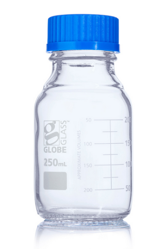 Bottle, Media, Globe Glass, 250 mL, with Polypropylene (PP) GL45 Screw Cap, Dual Graduations, 20/CS, Globe Scientific, 8100250