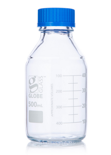 Bottle, Media, Globe Glass, 500 mL, with Polypropylene (PP) GL45 Screw Cap, Dual Graduations, 10/PK, Globe Scientific, 8100500