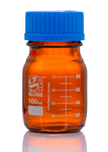 Bottle, Amber Media, Globe Glass, 100 mL, with Polypropylene (PP) GL45 Screw Cap, Dual Graduations, 20/CS, Globe Scientific, 8110100