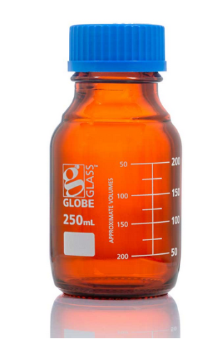 Bottle, Amber Media, Globe Glass, 250 mL, with Polypropylene (PP) GL45 Screw Cap, Dual Graduations, 20/CS, Globe Scientific, 8110250