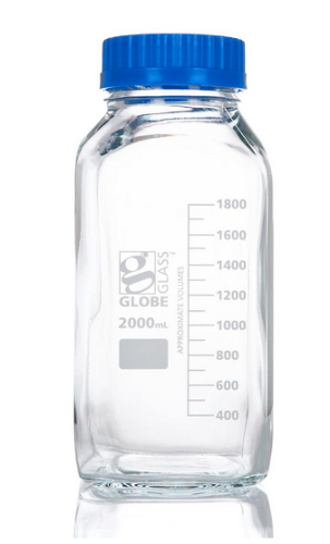 Bottle, Square Media, Wide Mouth, Globe Glass, 2000 mL, with Polypropylene (PP) GL80 Screw Cap, 10/PK, Globe Scientific, 8122000