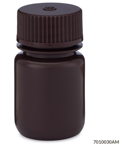 Bottle, Wide Mouth, High-Density Polyethylene (HDPE) Bottle, Attached Polypropylene (PP) Screw Cap, Amber, 30 mL, 72/CS (6 Bags of 12), Globe Scientific, 7010030AM