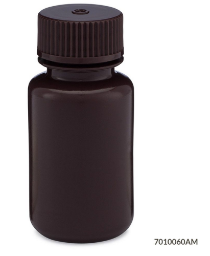 Bottle, Wide Mouth, High-Density Polyethylene (HDPE) Bottle, Attached Polypropylene (PP) Screw Cap, Amber, 60 mL, 72/CS (6 Bags of 12), Globe Scientific, 7010060AM