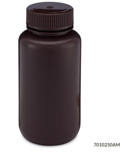 Bottle, Wide Mouth, High-Density Polyethylene (HDPE) Bottle, Attached Polypropylene (PP) Screw Cap, Amber, 250 mL, 72/CS (6 Bags of 12), Globe Scientific, 7010250AM