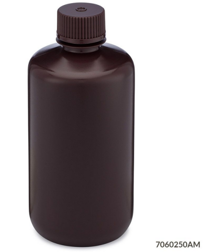 Bottle, Narrow Mouth, High-Density Polyethylene (HDPE) Bottle, Attached Polypropylene (PP) Screw Cap, Amber, 250 mL, 72/CS (6 Bags of 12), Globe Scientific, 7060250AM