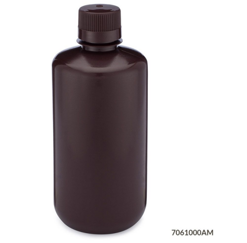 Bottle, Narrow Mouth, High-Density Polyethylene (HDPE) Bottle, Attached Polypropylene (PP) Screw Cap, Amber, 1000 mL,  24/CS (4 Bags of 6), Globe Scientific, 7061000AM