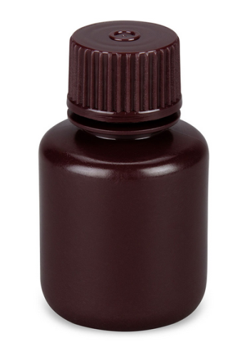 Bottle, Narrow Mouth, Boston Round, Amber High-Density Polyethylene (HDPE) with Amber Polypropylene (PP) Closure, 30 mL, Bulk Packed with Bottles and Caps Bagged Separately, 1000/CS, Globe Scientific, 7560030AMBKS