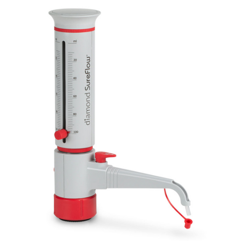 Bottle Top Dispenser, Diamond SureFlow, with Recirculation, 10.0 mL to 100.0 mL, 2.0 mL Increments, Globe Scientific, GBTD-R-100