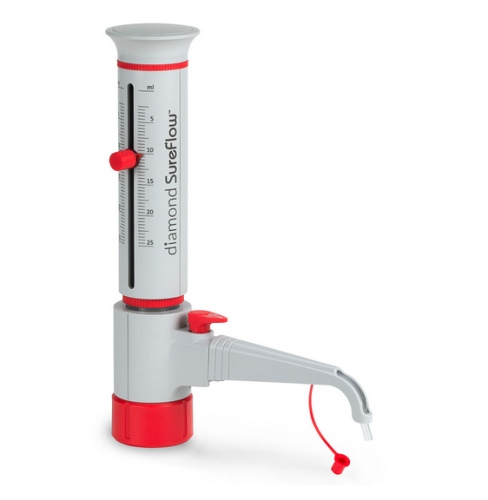 Bottle Top Dispenser, Diamond SureFlow, with Recirculation, 2.5 mL to 25.0 mL, 0.5 mL Increments, Globe Scientific, GBTD-R-25