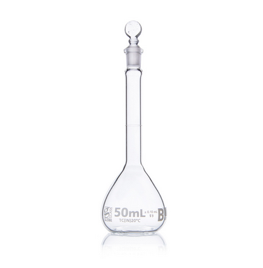 Flask, Volumetric, Globe Glass, 50 mL, Class B, To Contain (TC), ASTM E288, 12/CS, Globe Scientific, 8250050