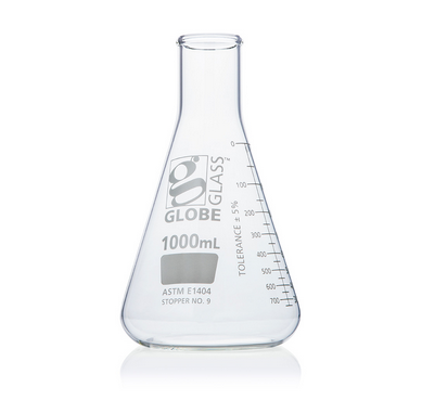 Flask, Erlenmeyer, Globe Glass, 1000 mL, Narrow Mouth, Dual Graduations, ASTM E1404, 24/CS, Globe Scientific, 8401000