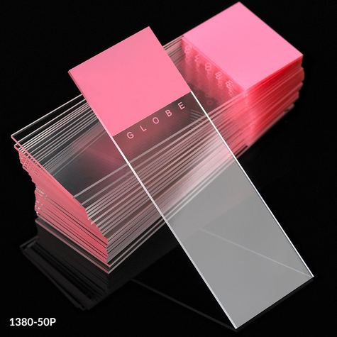 Microscope Slides, Diamond White Glass, 25 x 75 mm, 90 Degree Ground Edges, PINK Frosted, 1440/CS (20 PKs of 72), Globe Scientific, 1380-50P
