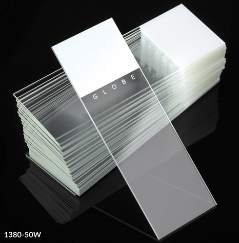 Microscope Slides, Diamond White Glass, 25 x 75 mm, 90 Degree Ground Edges, WHITE Frosted, 1440/CS (20 PKs of 72), Globe Scientific, 1380-50W