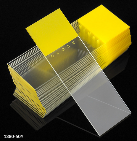 Microscope Slides, Diamond White Glass, 25 x 75 mm, 90 Degree Ground Edges, YELLOW Frosted, 1440/CS (20 PKs of 72), Globe Scientific, 1380-50Y