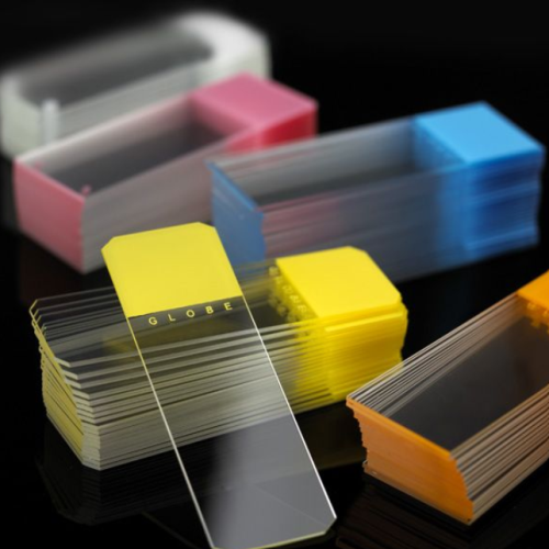 ** SPECIAL ORDER COLOR **  Microscope Slides, Diamond White Glass, 25 x 75 mm, 45 Degree Beveled Edges, Clipped Corners, BLUE Frosted, 1440/CS (20 PKs of 72), Globe Scientific, 1384-50B
