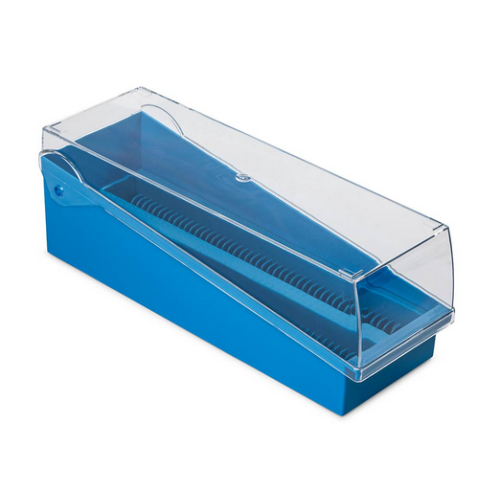 Slide Storage Box with Hinged Lid and Removable Draining Tray, 100-Place for up to 200 Slides, ABS, Blue, 6/CS, Globe Scientific, 513250B
