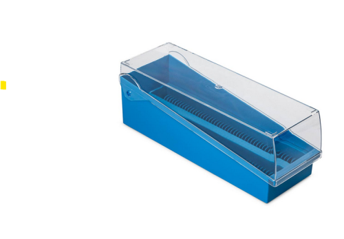 Slide Storage Box with Hinged Lid and Removable Draining Tray, 100-Place for up to 200 Slides, ABS, Blue, EA, Globe Scientific, 513250B-1