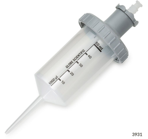 Diamond RV-Pette PRO Dispenser Tip for Repeat Volume Pipettors, 50 mL (1 Gray Adapter Included), 500/CS, Globe Scientific, 3931