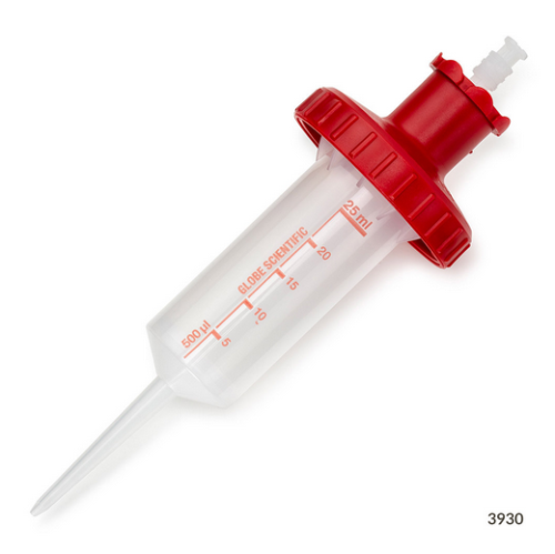 Diamond RV-Pette PRO Dispenser Tip for Repeat Volume Pipettors, Certified, Sterile, Individually Wrapped, 25 mL (1 Red Adapter Included), 400/CS, Globe Scientific, 3930S