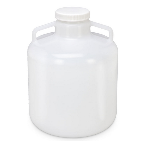 Carboy, Round with Handles, Wide Mouth, Polypropylene (PP), White Polypropylene (PP) Screwcap, 15 Liter, Molded Graduations, Autoclavable,  6/CS, Globe Scientific, 7210015