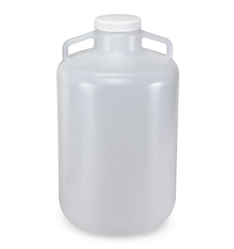 Carboy, Round with Handles, Wide Mouth, Polypropylene (PP), White Polypropylene (PP) Screwcap, 20 Liter, Molded Graduations, Autoclavable, 4/CS, Globe Scientific, 7210020