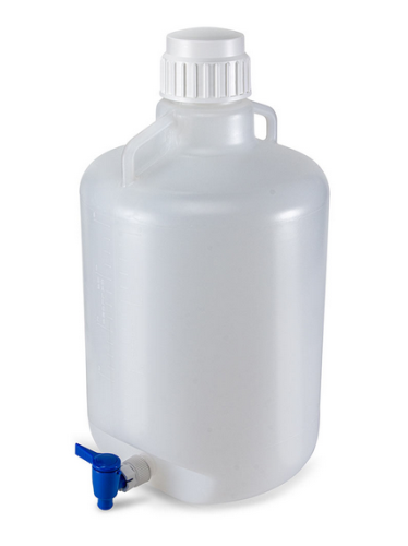 Carboy, Round with Spigot and Handles, Polypropylene (PP), White Polypropylene (PP) Screwcap, 20 Liter, Molded Graduations, Autoclavable, 4/CS, Globe Scientific, 7220020