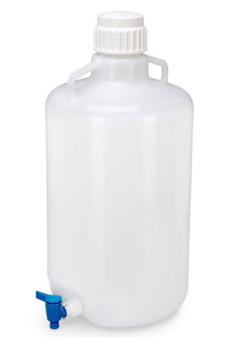 Carboy, Round with Spigot and Handles, Polypropylene (PP), White Polypropylene (PP) Screwcap, 25 Liter, Molded Graduations, Autoclavable, 4/CS, Globe Scientific, 7220025