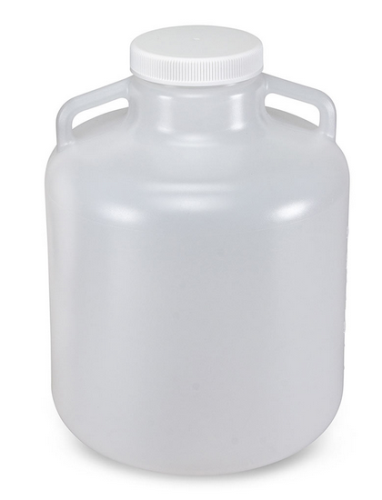 Carboy, Round with Handles, Wide Mouth, Low-Density Polyethylene (LDPE), White Polypropylene (PP) Screwcap, 10 Liter, Molded Graduations,  6/CS, Globe Scientific, 7260010