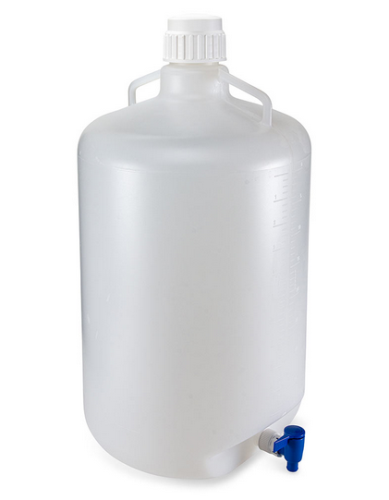 Carboy, Round with Spigot and Handles, Low-Density Polyethylene (LDPE), White Polypropylene (PP) Screwcap, 50 Liter, Molded Graduations, Globe Scientific, 7270050