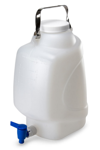 Carboy, Rectangular with Spigot and Handle, Polypropylene (PP), White Polypropylene (PP) Screwcap, 10 Liter, Molded Graduations, Autoclavable,  6/CS, Globe Scientific, 7300010