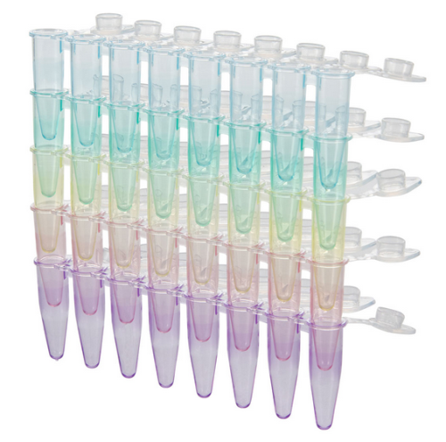 DiamondLink 0.2 mL 8-Strip Tubes, with Individually-Attached Flat Caps, Assorted Colors (Blue, Red, Green, Yellow and Violet), 1200/CS, Globe Scientific, PCR-DL-02F-RW