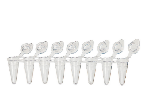 DiamondLink 0.1 mL 8-Strip Tubes, Low-Profile, with Individually-Attached Flat Caps, White, 1200/CS, Globe Scientific, PCR-DL-01FW