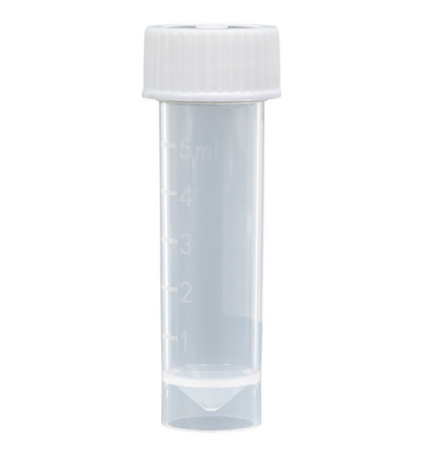 Transport Tube, 5 mL, with Separate White Screw Cap, Polypropylene (PP), Conical Bottom, Self-Standing, Molded Graduations, Unassembled, 1000/CS Total, Globe Scientific, 6101