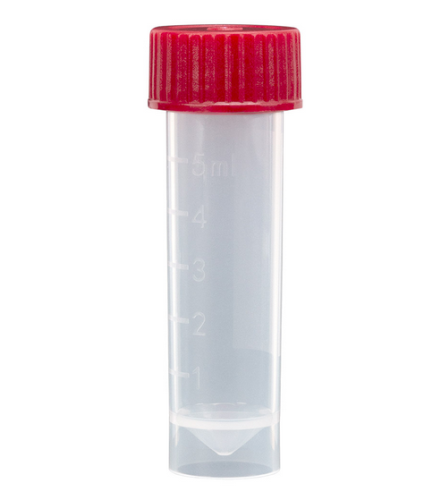 Transport Tube, 5 mL, with Separate Red Screw Cap, Polypropylene (PP), Conical Bottom, Self-Standing, Molded Graduations, Unassembled, 1000/CS Total, Globe Scientific, 6101R