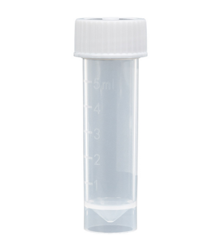 Transport Tube, 5 mL, with Attached White Screw Cap, STERILE, Polypropylene (PP), Conical Bottom, Self-Standing, Molded Graduations, 25/Bag, 500/CS Total, Globe Scientific, 6101S