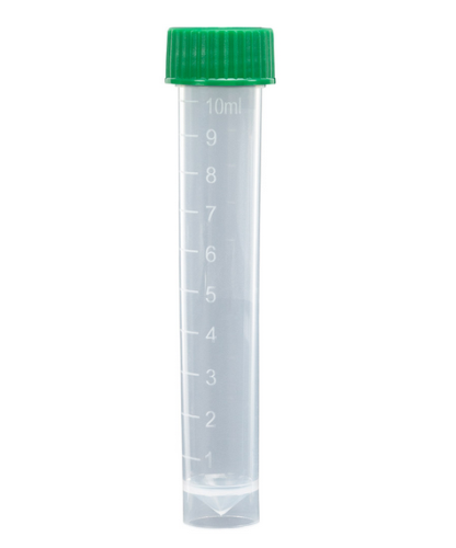 Transport Tube, 10 mL, with Separate Green Screw Cap, Polypropylene (PP), Conical Bottom, Self-Standing, Molded Graduations, Unassembled, 1000/CS Total, Globe Scientific, 6102G