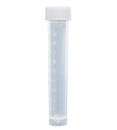 Transport Tube, 10 mL, with Attached White Screw Cap, STERILE, Polypropylene (PP), Round Bottom, Self-Standing, 25/Bag, 20 Bags/Case, Unassembled, 500/CS Total, Globe Scientific, 6102S