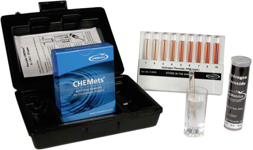 Hydrogen Peroxide Test Kit, Visual Colorimetric Analysis, 0-1 & 1-10 ppm, Ferric Thiocyanate Method, Chemetrics, Inc., K-5510